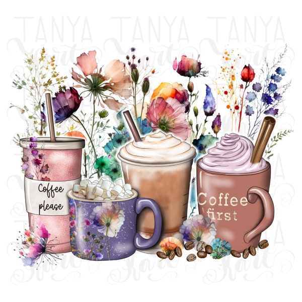 Spring Wildflowers Coffee Cups Png For Sublimation Designs, Spring Flowers, Brown Coffee Cups Please Image, Hand Drawn Coffee Lover Png