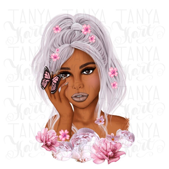 Pink Hared Woman, Dark Skin Woman Png, Floral Art, Flowers Butterflies, Png File, Spring Design, Butterfly Art,Png For Printing,Png For Mugs