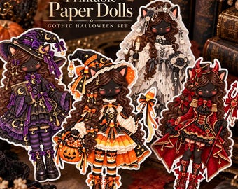 Printable Halloween Cat Paper Dolls | Gothic Paper Dolls| Witch Vampire Skeleton Mummy Girls | Instant Download Craft Kit| Scrapbooking DIY
