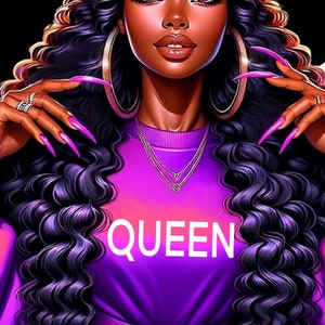 May include: A woman with long, curly black hair wears a purple sweatshirt with the word "QUEEN" printed on the front. She is wearing gold hoop earrings and multiple necklaces.