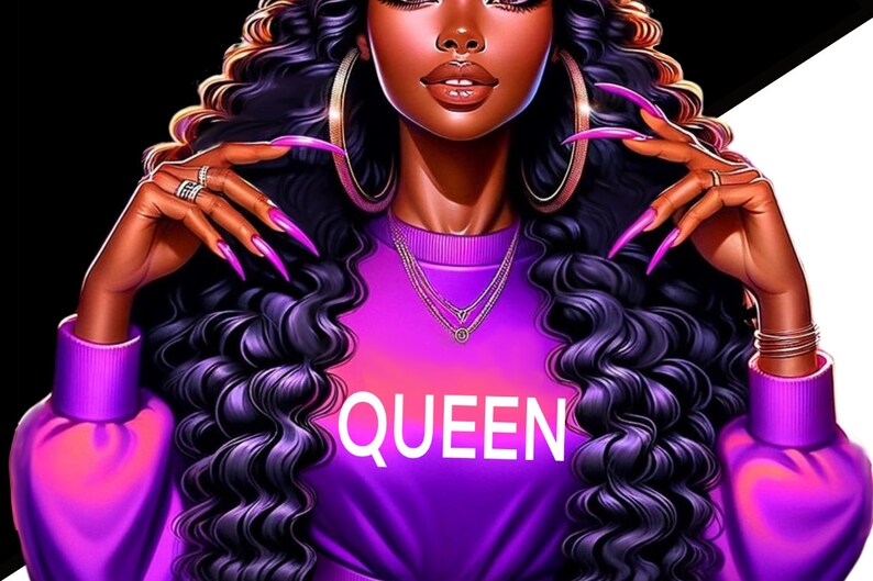 May include: A woman with long, curly black hair wears a purple sweatshirt with the word "QUEEN" printed on the front. She is wearing gold hoop earrings and multiple necklaces.