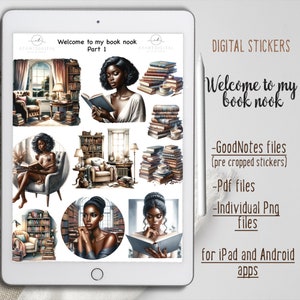May include: Digital stickers for GoodNotes, iPad and Android apps. The stickers feature a book nook theme with illustrations of a woman reading in a cozy armchair, stacks of books, and a bookshelf. The text "Welcome to my book nook" is included in the image.