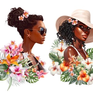 Summer Fashion Girl Clipart Set - Tropical Leaves, Hawaiian, Fruits, Flowers Scene Art, Beach Girls - Png Digital Download, Travel Planner
