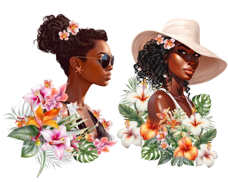 Summer Fashion Girl Clipart Set - Tropical Leaves, Hawaiian, Fruits, Flowers Scene Art, Beach Girls - Png Digital Download, Travel Planner