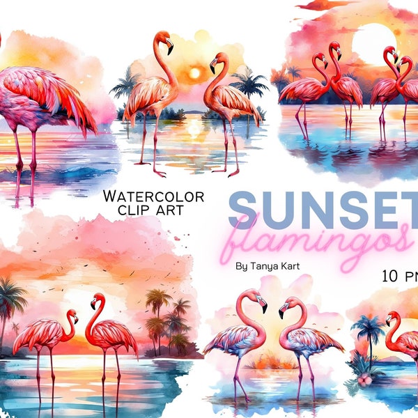 Flamingo Beach Sunset Clipart for Commercial Use, Watercolor Tropical Pink Flamingo Sublimation Designs, Ocean Sunset Png Instant Download