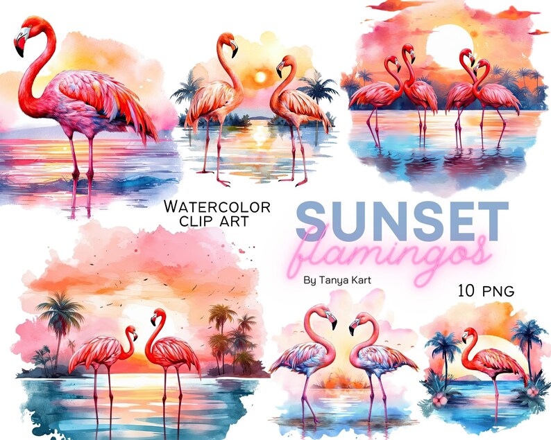 Flamingo Beach Sunset Clipart for Commercial Use, Watercolor Tropical Pink Flamingo Sublimation Designs, Ocean Sunset Png Instant Download