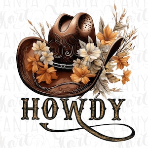 Download de design de sublimação Western Howdy PNG - Chapéu de cowboy com flores, temas de rodeio country para uso comercial