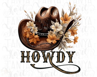 Może przedstawiać: Brązowy kowbojski kapelusz z kwiatowym wzorem i napisem "HOWDY" złotymi literami.