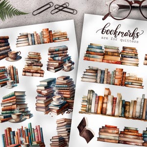 Könnte beinhalten: Aquarellillustrationen von Bücherstapeln und Bücherregalen. Einige Bilder enthalten Kaffeetassen. Ein Bild hat den Text "bookmarks are for quitters". Die Bücher sind in Braun-, Blau- und Grüntönen gehalten.