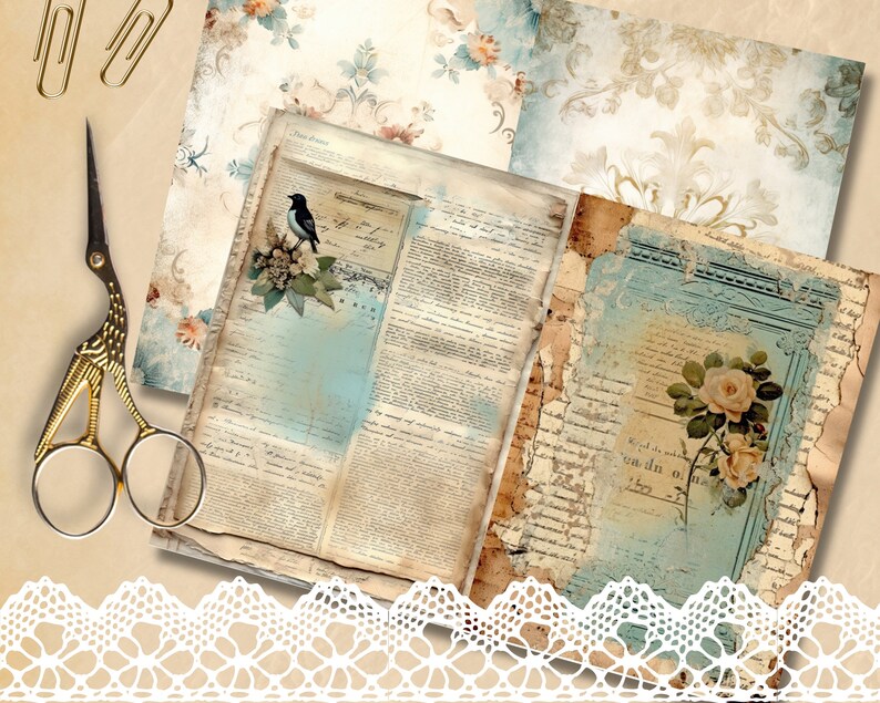 May include: A set of four vintage-style scrapbook papers featuring floral patterns, distressed textures, and handwritten text. The papers are perfect for crafting, scrapbooking, and other paper crafts.