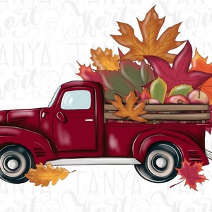 Red Fall Truck Png Digital Download for Sublimation, Autumn Truck With Orange Leaves Digital ...