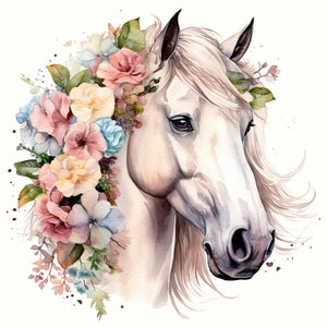 White Horse With Flowers Png for Sublimation, Watercolor Horse Png Instant Download, Floral Farm Animal, Digital Print Art