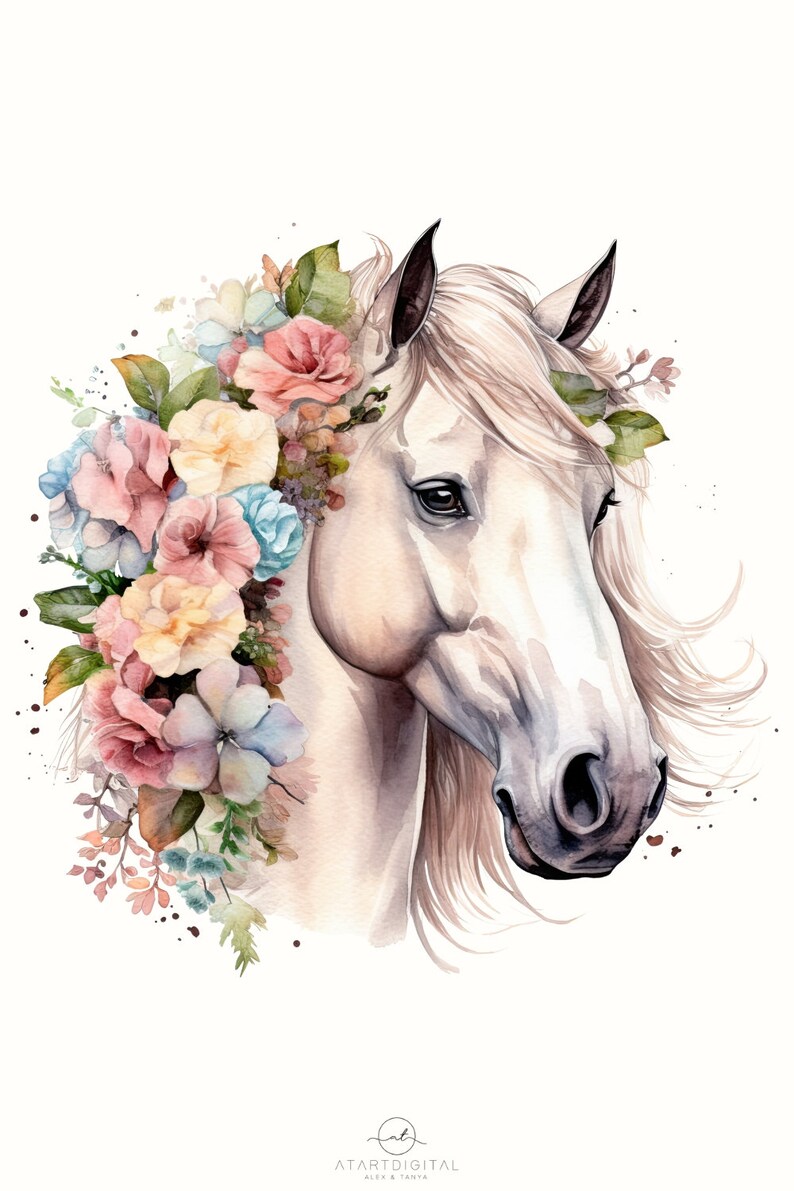 White Horse With Flowers Png for Sublimation, Watercolor Horse Png Instant Download, Floral Farm Animal, Digital Print Art