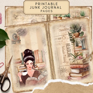 Op de afbeelding: Printbare junk journal pagina's met een vintage esthetiek. De pagina's tonen een vrouw die een boek leest, een stapel boeken en een krantenknipsel met de kop "Gotlands Tidning".
