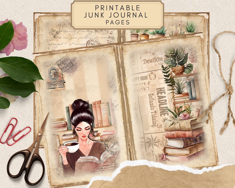 Op de afbeelding: Printbare junk journal pagina's met een vintage esthetiek. De pagina's tonen een vrouw die een boek leest, een stapel boeken en een krantenknipsel met de kop "Gotlands Tidning".