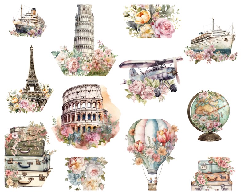 30 Vintage Travel Png Clipart Instant Download For Commercial Use, Scrapbook Elements, Vintage Ephemera, Retro Travel Png For Sublimation