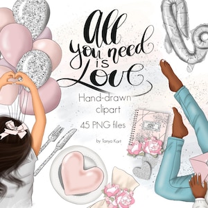 Ilustración de moda en rosa con amor, imágenes prediseñadas para calcomanías, tema de boda romántica, imágenes prediseñadas de San Valentín, gráficos de blogs de niñas para suministros de manualidades