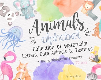 Animal Alphabet Watercolor Clipart, A-Z PNG Letters, Baby and Kids PNG ABC Letters for Sublimation, Hand Drawn Animal Illustration