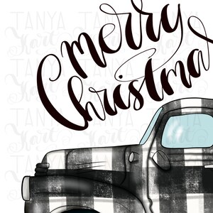 May include: Black and white checkered pickup truck with the words "merry christmas" in black script.