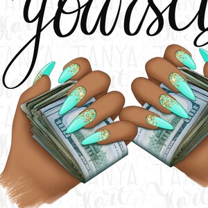 May include: Two hands holding a stack of cash with long, turquoise nails with gold glitter. The text "Treat yourself" is written above the hands.