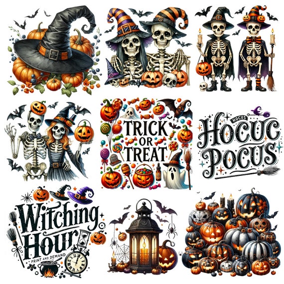 Halloween Design Bundle for Sublimation Prints & T-Shirt Designs, Digital Printables, Print On Demand, PNG Images with Quotes