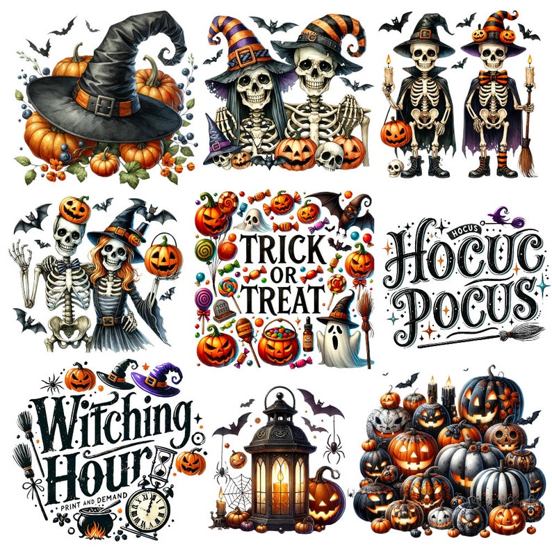 Halloween Design Bundle for Sublimation Prints & T-Shirt Designs, Digital Printables, Print On Demand, PNG Images with Quotes