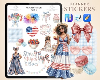 Alle American Girl Stickers | Vaterländischer Kalender PNG | USA Rot Weiß Blau Clipart | GoodNotes Digitaler Download