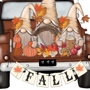 May include: Illustration of three gnomes in a brown truck bed filled with pumpkins, fall leaves, and a banner that says "FALL". The gnomes wear beige hats and hold fall-themed items like a mug of coffee and cookies.