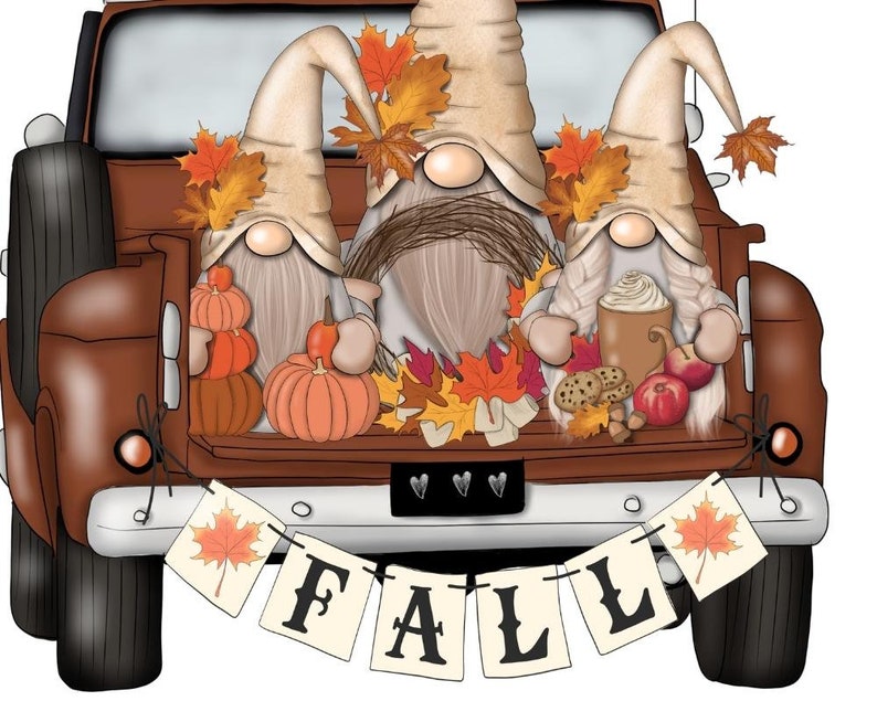 May include: Illustration of three gnomes in a brown truck bed filled with pumpkins, fall leaves, and a banner that says "FALL". The gnomes wear beige hats and hold fall-themed items like a mug of coffee and cookies.