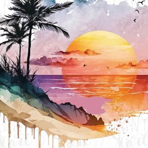 Sunset Png Clipart, Watercolor Beach, Digital Download, Colorful Background, Beach Life Png, Ocean Sunset Png, Retro Sunset Png