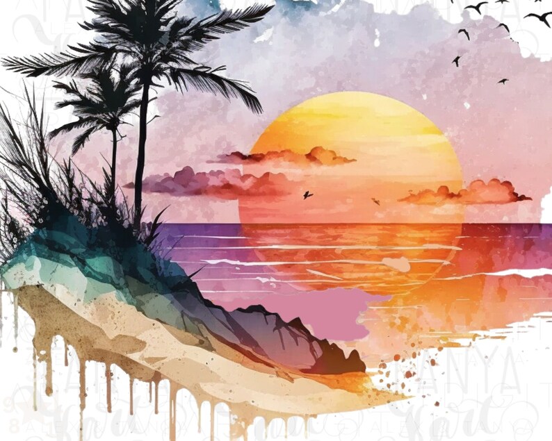 Sunset Png Clipart, Watercolor Beach, Digital Download, Colorful Background, Beach Life Png, Ocean Sunset Png, Retro Sunset Png