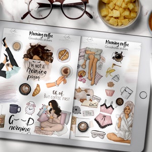 Coffee Lover GoodNotes Planner Stickers, Morning Coffee Stickers, iPad Stickers, Precropped GoodNotes Stickers, Fashion Girl Icons