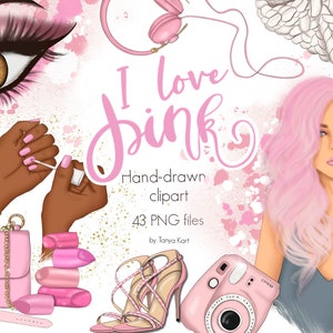 Pink Fashion Girl Clipart Bundle, Manicure PNG, Pink Lipstick Clipart Set for Sublimation, Birthday Graphics, Fashion Blogger
