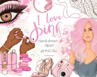 Pink Fashion Girl Clipart: Manicure, Lipstick PNG Set (Digital Download)