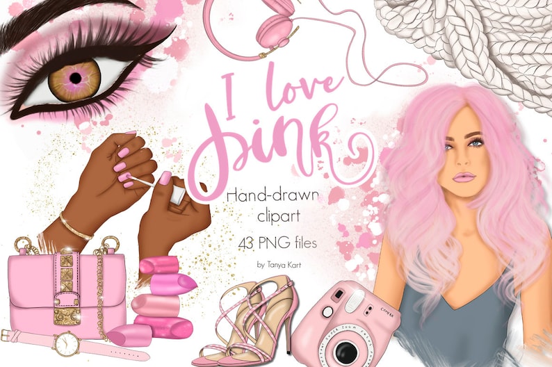Pink Fashion Girl Clipart Bundle, Manicure PNG, Pink Lipstick Clipart Set for Sublimation, Birthday Graphics, Fashion Blogger