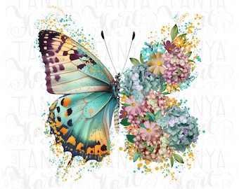 Butterfly Png, Sublimation Design, Digital Download, Floral Butterfly Png, Butterfly Sticker, Flower Painting Png, Spring Digital Image
