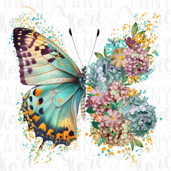 Papillon Png, Sublimation Design, Téléchargement numérique, Floral Butterfly Png, Autocollant papillon, Fleur Peinture Png, Image numérique de printemps