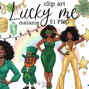 May include: Digital clip art featuring the text "Lucky Me melanin 51 PNG" with illustrations of women in green and gold outfits, a leprechaun, and St. Patrick's Day themed accessories like a pot of gold, shamrocks, and a lucky ticket.