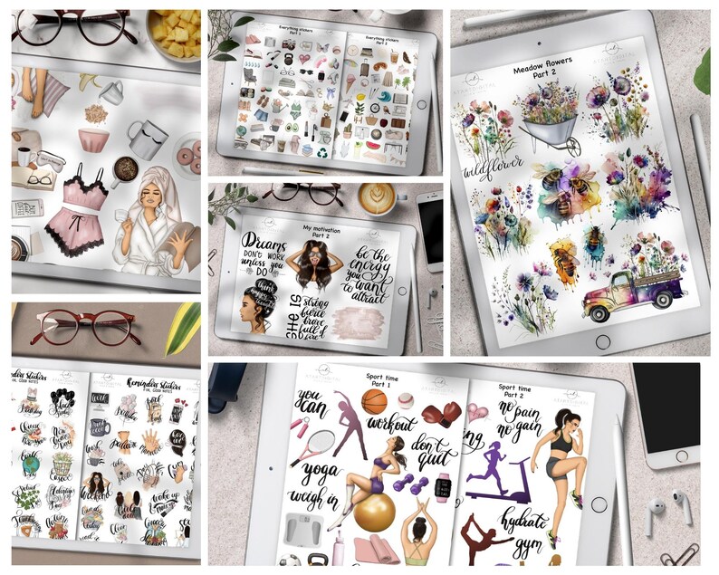 Pu&ograve; includere: Un set di adesivi digitali per planner con vari design, tra cui citazioni motivazionali, illustrazioni floreali e grafica a tema fitness. Gli adesivi sono organizzati in diverse categorie, come "My Motivation Part 2", "Sport Time Part 1" e "Meadow Rowers Part 2".