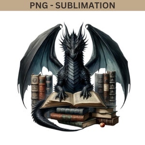 Puede incluir: Un drag&oacute;n negro con alas azules se sienta sobre una pila de libros antiguos, leyendo un libro grande abierto. El drag&oacute;n tiene una expresi&oacute;n seria en su rostro.