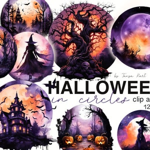 Halloween Clipart Bundle: Spooky House Image, Witch Graphics, Circle Background PNG Instant Download for Stickers, T-Shirts, Digital Prints