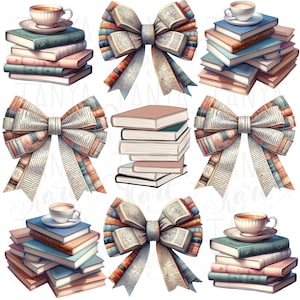 May include: Six stacks of books with a bow made of book pages on top of each stack. The bows are in various colors, including red, blue, and green. The books are all different sizes and colors, and some have decorative designs.