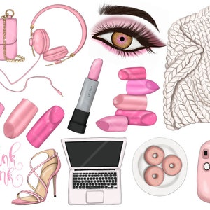 May include: A collection of pink and white themed items including a small pink purse, a pair of pink headphones, a pink watch, a pink laptop, a pink camera, a pink and white knitted scarf, pink lipstick, and pink donuts on a white plate. The text "Think Pink" is written in black.