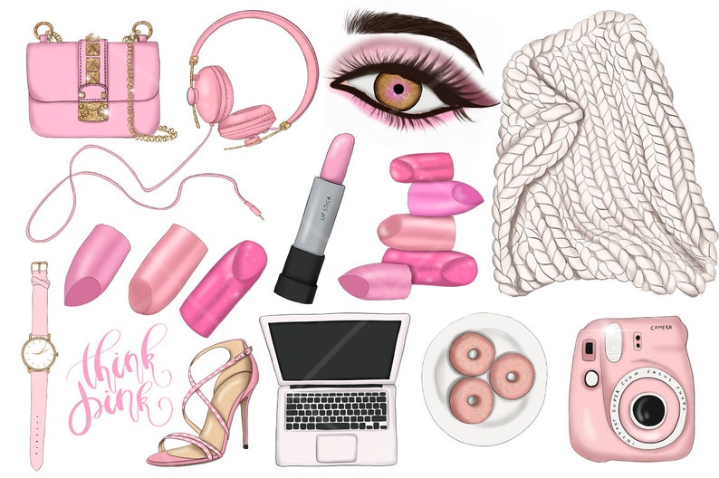 May include: A collection of pink and white themed items including a small pink purse, a pair of pink headphones, a pink watch, a pink laptop, a pink camera, a pink and white knitted scarf, pink lipstick, and pink donuts on a white plate. The text "Think Pink" is written in black.