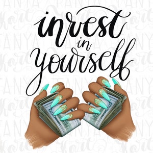 Investi in te stesso, download digitale PNG donna afro, adesivo manifestazione denaro per planner, PNG amore per se stessi, design nail art per risparmiare denaro