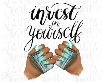 Invest In Yourself, Afro Woman PNG Digital Download, Money Manifestation Sticker for Planner, Self Love PNG, Save Money Nail Art Design