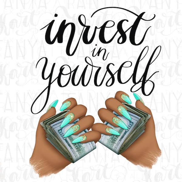 Invest In Yourself, Afro Woman PNG Digital Download, Money Manifestation Sticker for Planner, Self Love PNG, Save Money Nail Art Design