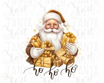 Vintage Gold Santa PNG for Christmas Gifts & Cards | Jolly Santa Claus Face with Ho Ho Ho | Sublimation Digital for Xmas Scrapbooking