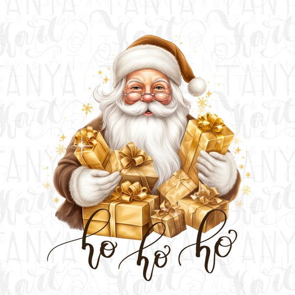 Vintage Gold Santa PNG for Christmas Gifts & Cards | Jolly Santa Claus Face with Ho Ho Ho | Sublimation Digital for Xmas Scrapbooking