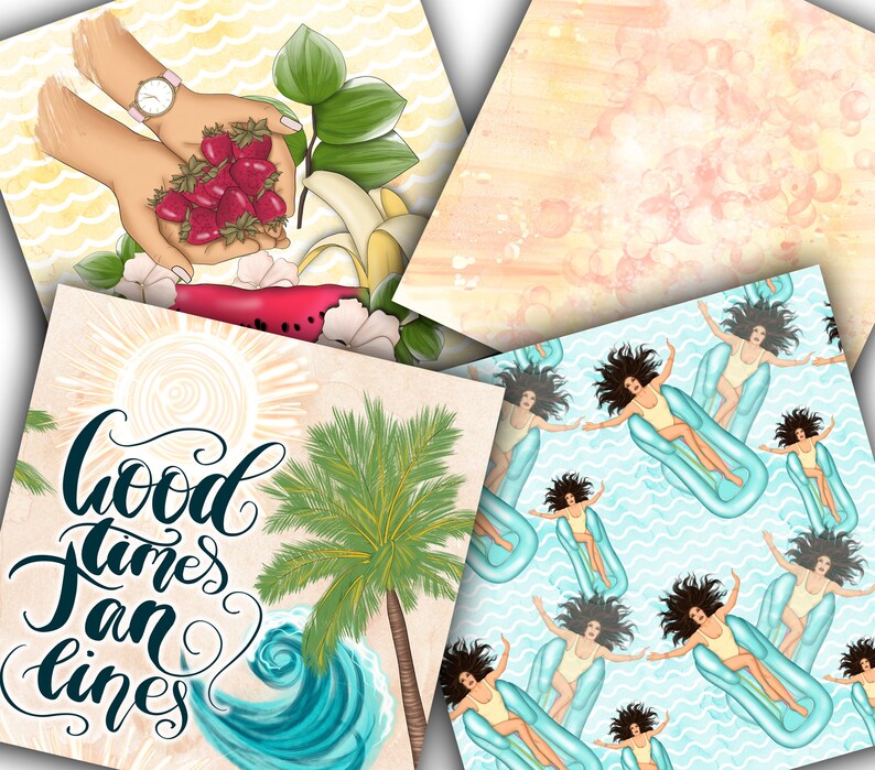 May include: Four digital paper designs featuring a summer theme. One design has a tropical palm tree and ocean waves with the text "Good times and sunshine". Another design has a watercolor background with a light pink and orange color scheme. The third design features a woman in a yellow swimsuit floating on a blue inflatable raft. The fourth design features a hand holding a bowl of red strawberries.